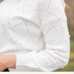 Elegant Pearl-Embellished White Sweater
